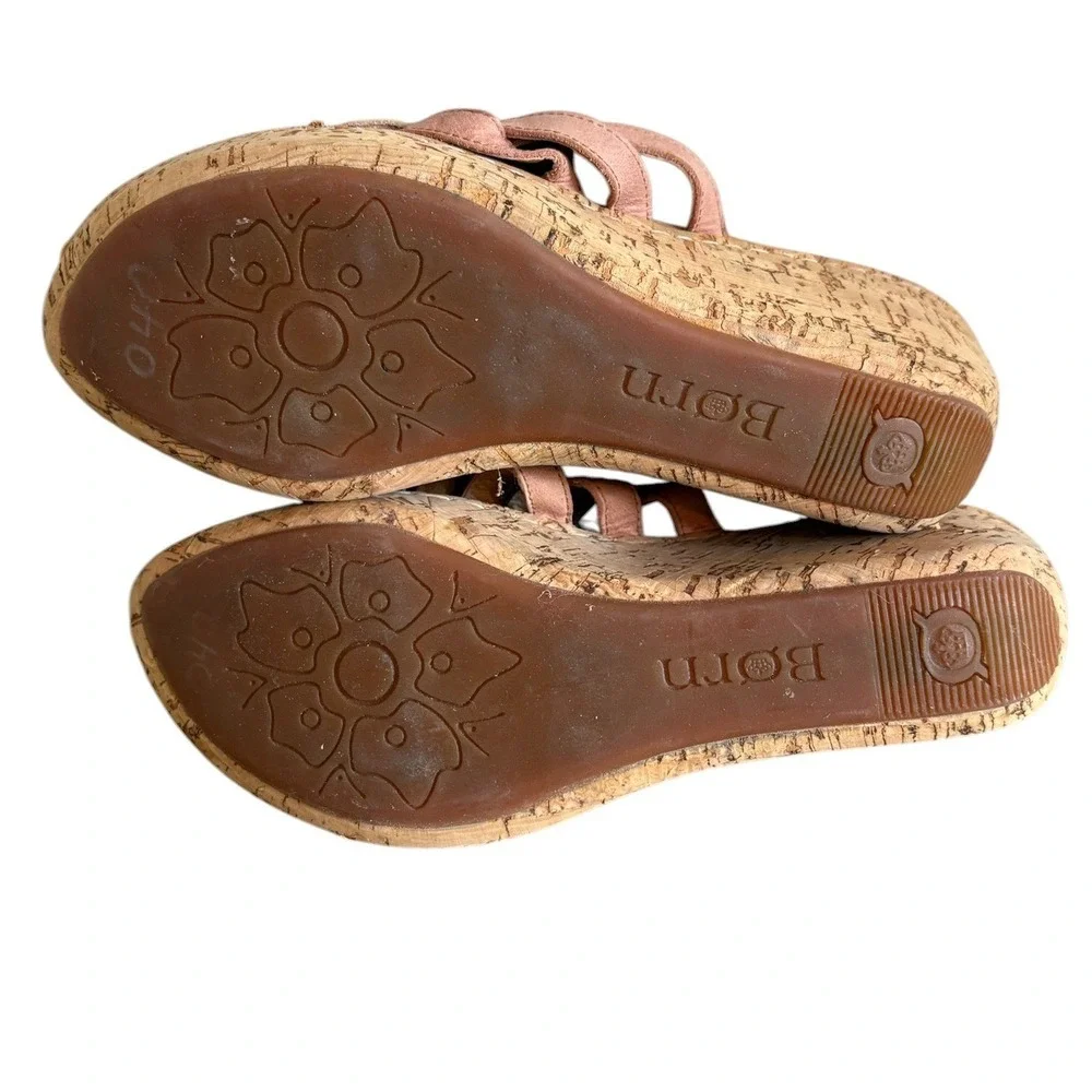 Born Womens Rose Leather Floral‎ Studded Cork Wedge Thong Sandals Size 10